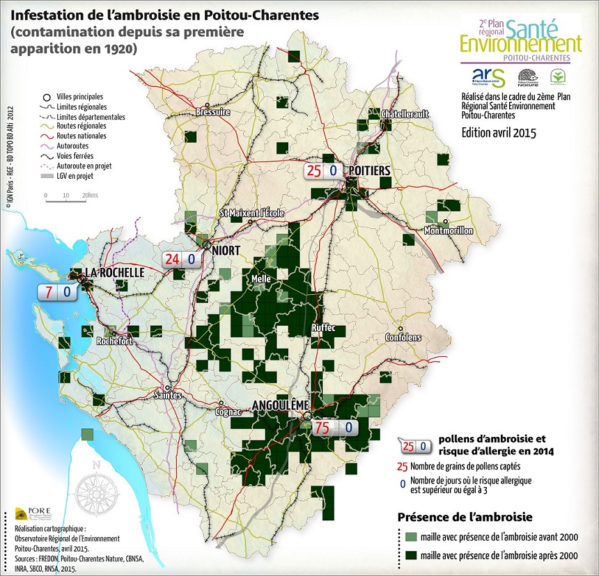Carte de répartition de l'ambroisie©Observatoire Régional de l'Environnement Poitou-Charentes - avril 2015