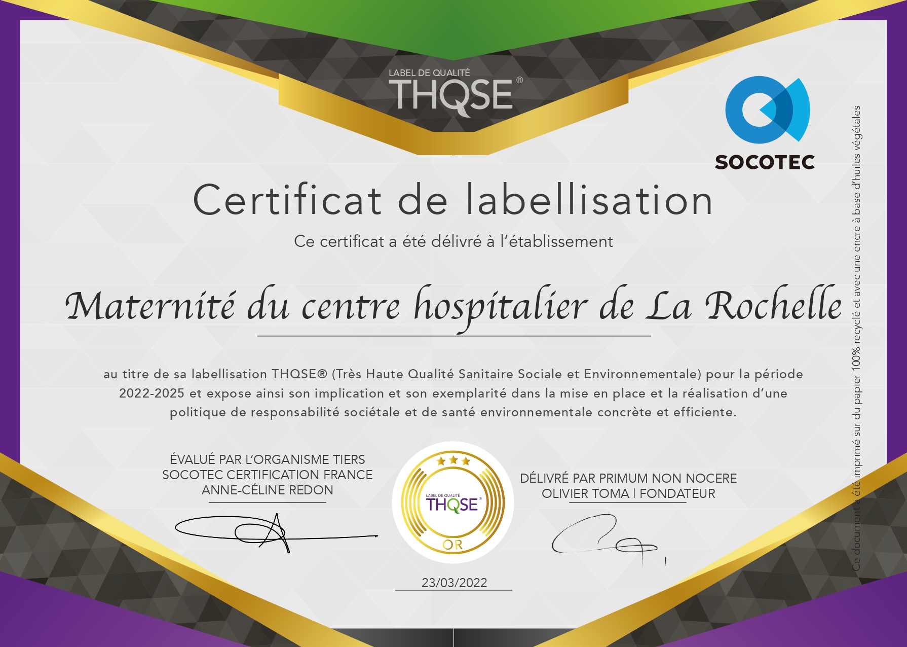 Engagée dans une démarche responsable depuis 2018, la maternité de La Rochelle a obtenu le label THQSE.