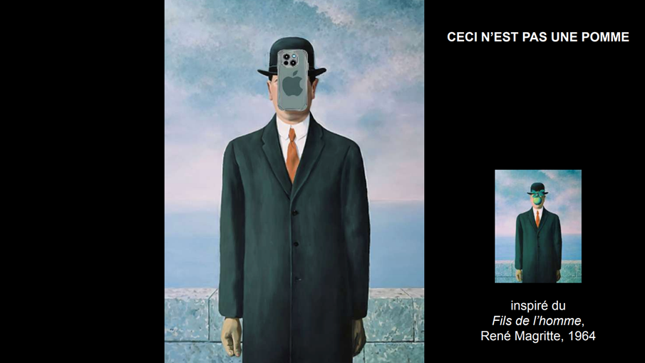 Dans le « Fils de l’Homme » de Magritte, la pomme du péché originel est devenue une pomme croquée