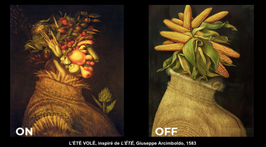 Quant à « L’été », d’Arcimboldo, son homme-primeur moitié fruits et légumes, devient un homme monoculture tout en mais transgénique