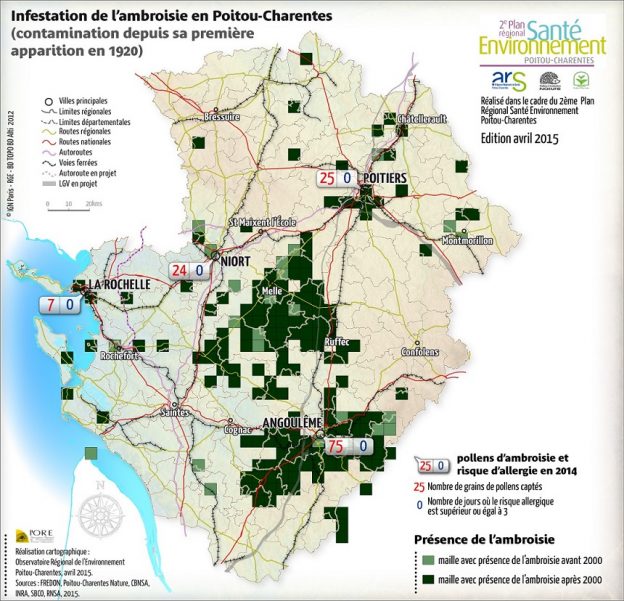 Carte de répartition de l'ambroisie©Observatoire Régional de l'Environnement Poitou-Charentes - avril 2015