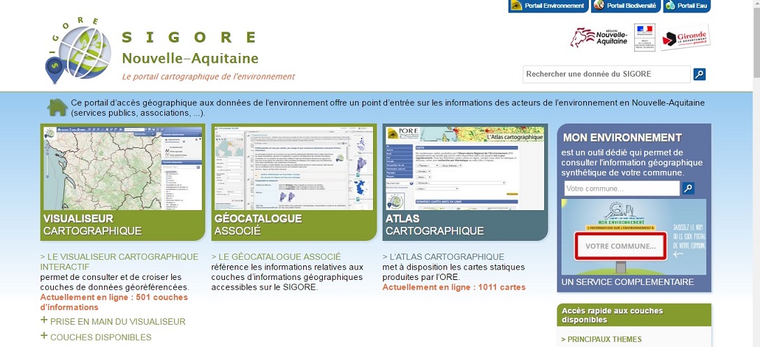 Page d'accueil du site SIGORE Nouvelle-Aquitaine